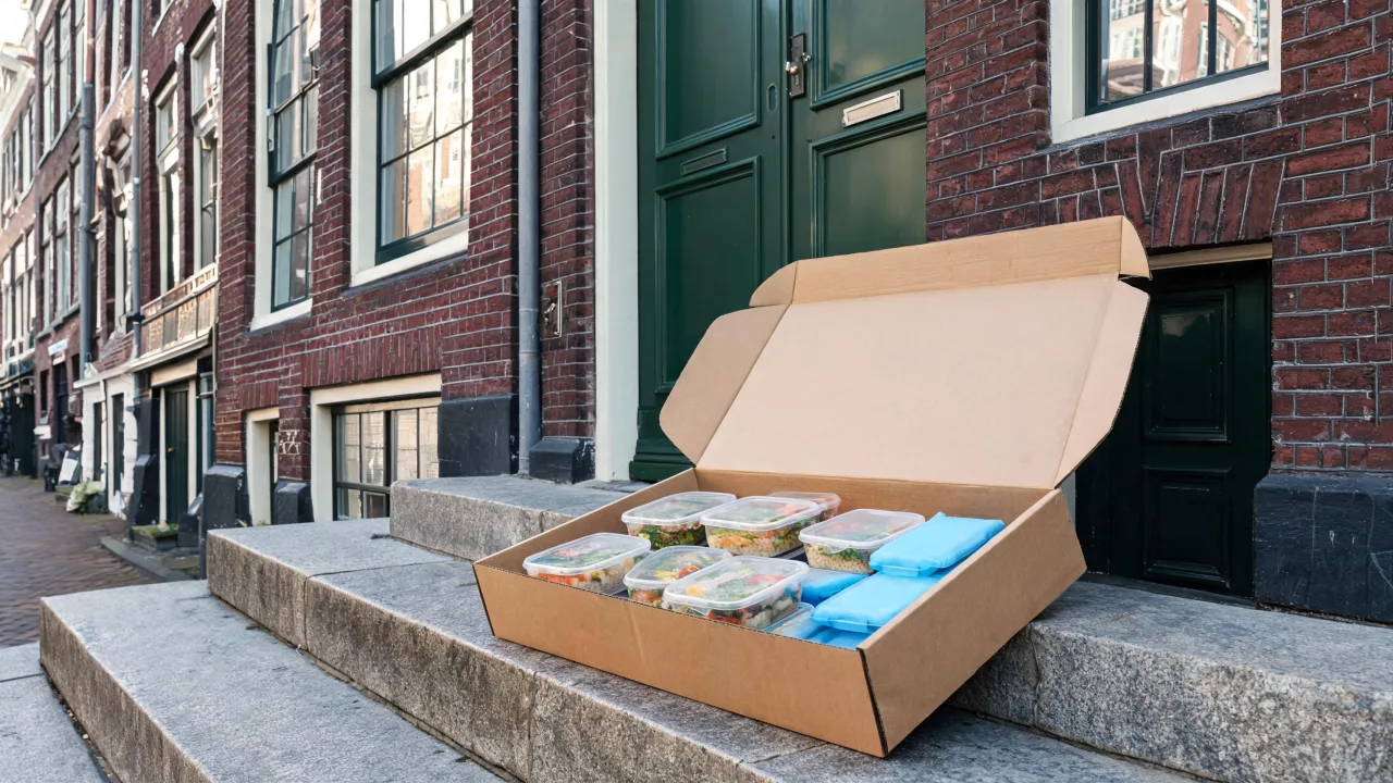 Koeriersbox met verse maaltijdbakjes bij een Amsterdamse voordeur