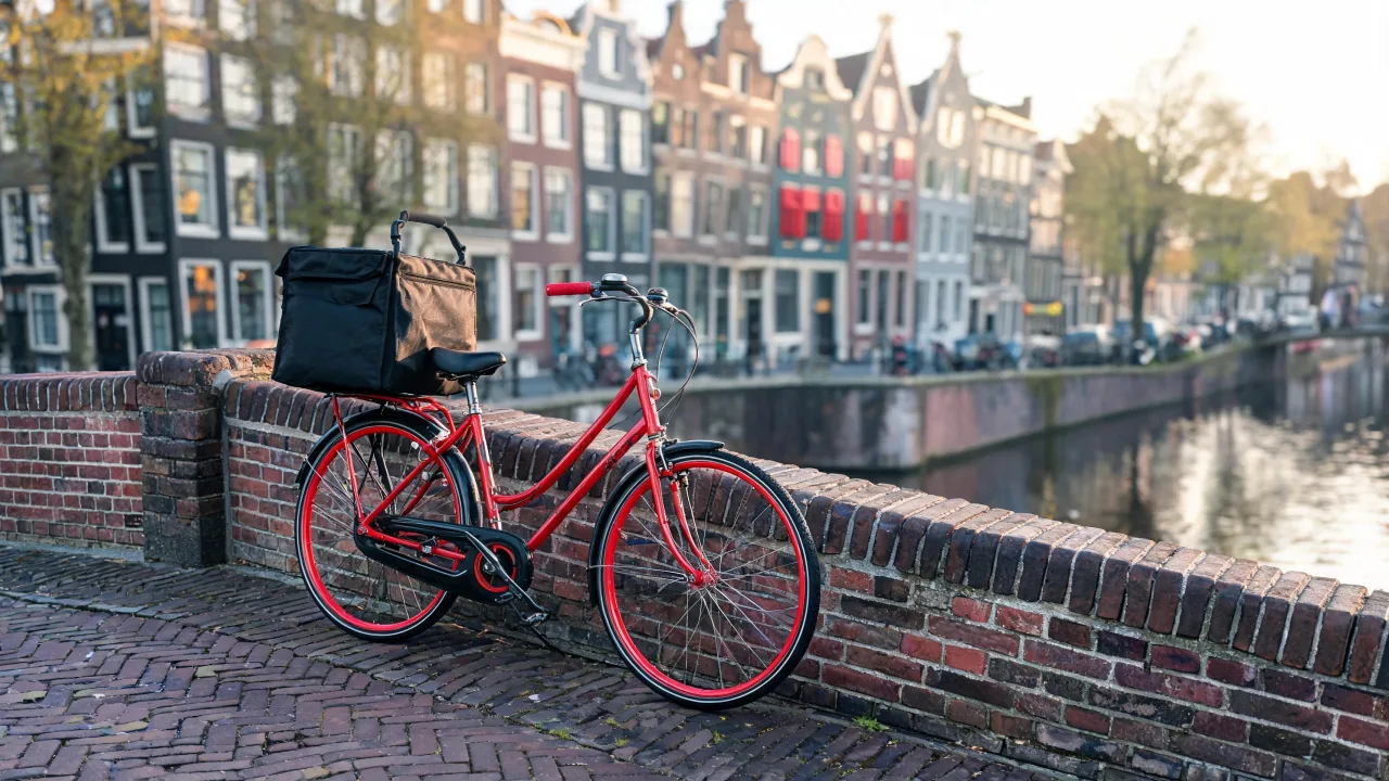 Bezorgfiets met koeltas op een Amsterdamse brug over de gracht