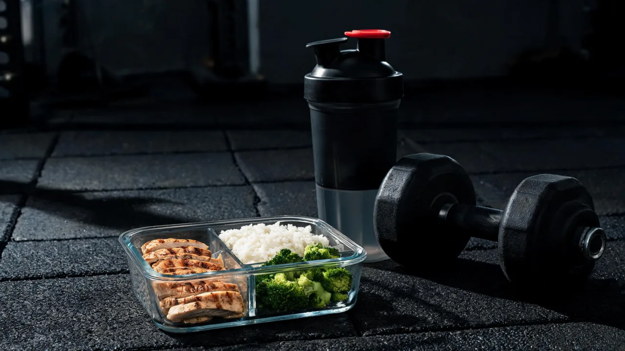 Eiwitrijke maaltijd in een bakje met kipfilet, rijst en broccoli naast een dumbbell