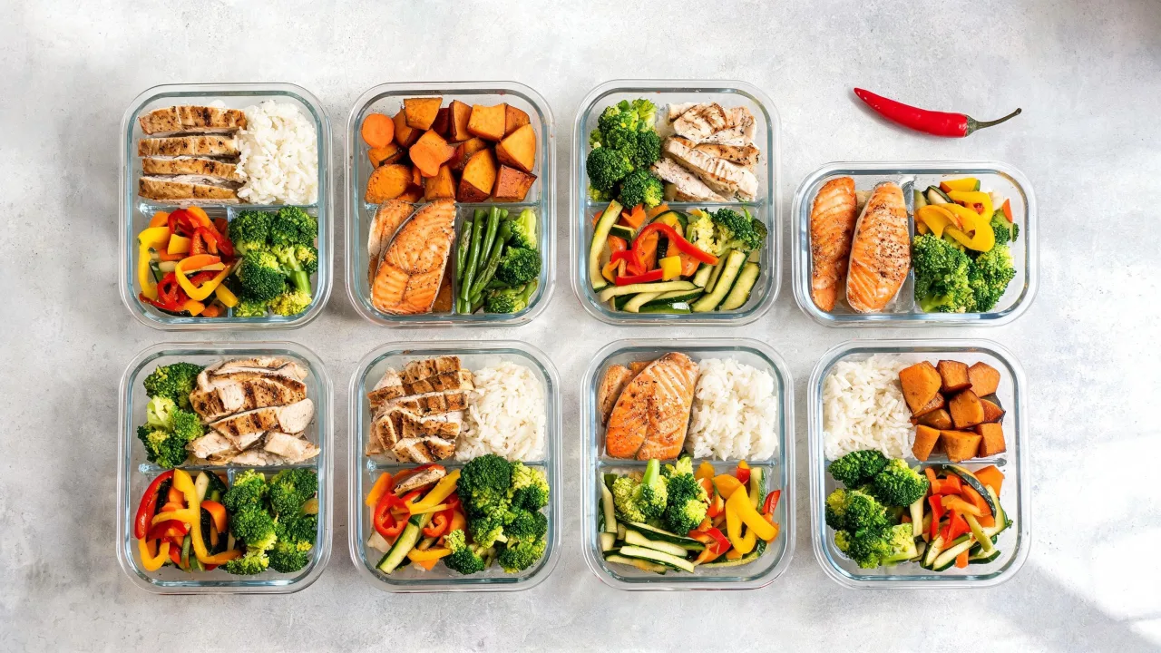 Week aan meal prep maaltijden in bakjes naast elkaar op een aanrecht