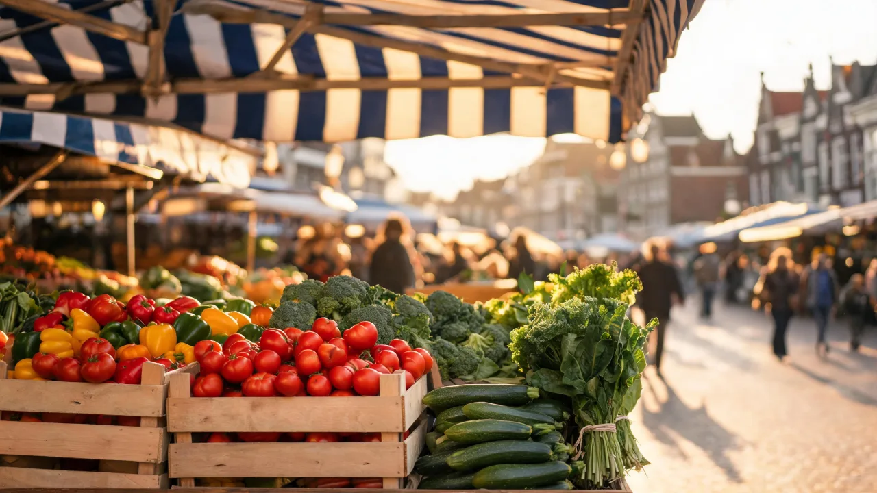 Kraam met verse groenten op een Amsterdamse markt